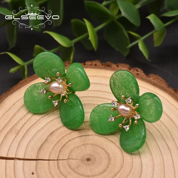 GLSEEVO Gamtos Green Jade Pearl Gėlių Žavesio Stud Auskarai Moterims, Jubiliejų, Originalaus Dizaino Rankų darbo Prabangūs Papuošalai GE0989