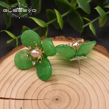 GLSEEVO Gamtos Green Jade Pearl Gėlių Žavesio Stud Auskarai Moterims, Jubiliejų, Originalaus Dizaino Rankų darbo Prabangūs Papuošalai GE0989