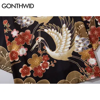 GONTHWID Harajuku Japonijos Kranai Vyšnių Žiedų Gėlių Spausdinti Kimono Megztinis Marškinėliai Streetwear Mens Vasaros Atsitiktinis Jakcets Viršūnės