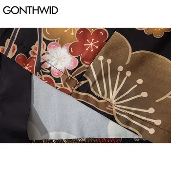 GONTHWID Harajuku Japonijos Kranai Vyšnių Žiedų Gėlių Spausdinti Kimono Megztinis Marškinėliai Streetwear Mens Vasaros Atsitiktinis Jakcets Viršūnės