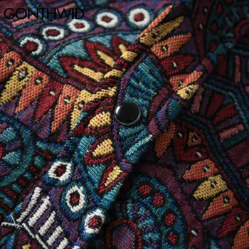 GONTHWID Megzti Marškinėliai Harajuku Geometrijos Tautos Stiliaus Gėlių Mygtuką Marškinėliai Streetwear Hip-Hop Atsitiktinis ilgomis Rankovėmis Viršūnes, Paltai