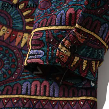 GONTHWID Megzti Marškinėliai Harajuku Geometrijos Tautos Stiliaus Gėlių Mygtuką Marškinėliai Streetwear Hip-Hop Atsitiktinis ilgomis Rankovėmis Viršūnes, Paltai