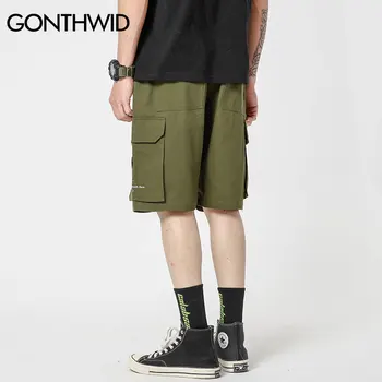 GONTHWID Mens Multi Kišenės Baggy Krovinių Šortai Vasarą-Atsitiktinis Kelio Ilgis Elastinga Juosmens Trumpas Kelnes Kelnės Harajuku Streetwear