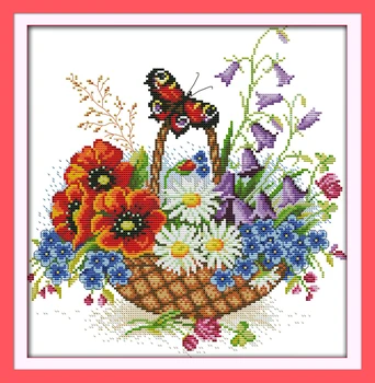 Gėlių krepšelį ir drugelis kryželiu rinkinys gėlių 14ct 11ct raštuoto audinio drobė siūlės siuvinėjimo 