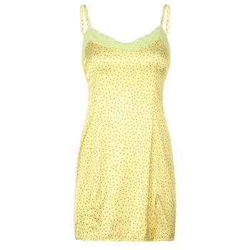 HEYounGIRL Dot Spausdinti Geltona Mielas Mini Suknelė Ponios Vasarą V Kaklo, Rankovių Nėrinių Trumpos Suknelės Moterų Mados Atsitiktinis Streetwear