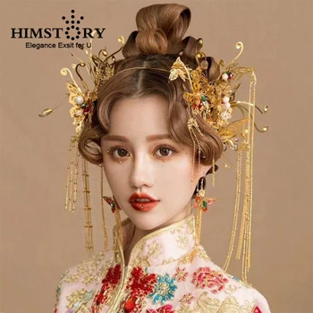 HIMSTORY Kinų Stiliaus Vestuvių Kostiumas Plaukų Rožančiai Tradicinių Aukso Spalvos Brides Lankelis Princesė Ilgai Kutas Karalienės Karūnos Plaukų