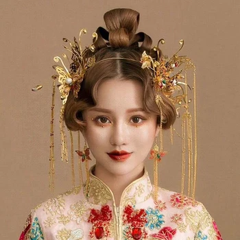 HIMSTORY Kinų Stiliaus Vestuvių Kostiumas Plaukų Rožančiai Tradicinių Aukso Spalvos Brides Lankelis Princesė Ilgai Kutas Karalienės Karūnos Plaukų