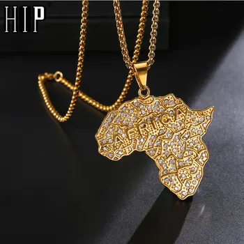 HIP-Hop Reperis CZ Stone Bling Lediniame Iš Afrikos Žemėlapis Pakabučiai 24inch Aukso Spalvos Nerūdijančio Plieno Grandinės Karoliai Vyrų Papuošalai
