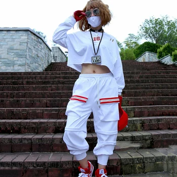 Hip-Hop Šokio Kostiumų Balta ilgomis Rankovėmis Marškinėliai Kelnės Suaugusiųjų Gatvės Šokių Drabužius Džiazo Šokėja Etape Apranga Rave Dėvėti Moterims DT1057