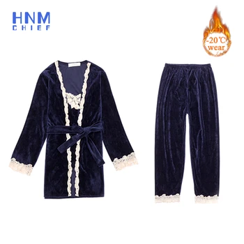 HNMCHIEF Mėlyna Žiemos Pižama Rinkiniai 2020 Aksomo 3 Gabalus Šiltas Chalatas Moterims Seksualus Nėriniai Pižama Sleepwear Rinkinys Rankovių naktiniai drabužiai