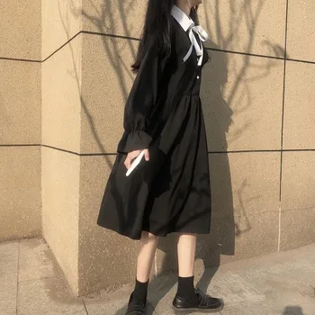 Ilgomis Rankovėmis Suknelė Moterims Kratinys Lankas Mazgas Kawaii Japonų Stiliaus All-match-line Atsitiktinis Kasdien Moteriški Drabužiai Vintage Mados