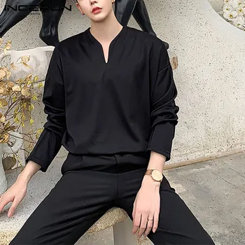 INCERUN Vyrų Mados Atsitiktinis Marškinėliai V Kaklu Streetwear ilgomis Rankovėmis Prarasti korėjos Stiliaus Palaidinė 2021 vientisos Spalvos Laisvalaikio Camisas S-5XL