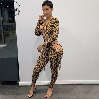INWOMAN Leopardas Spausdinti Bodycon 2 Dviejų dalių Rinkinys Moterims Komplektai Slim Seksualus Clubwear Atitikimo Rinkiniai Nėriniai Apkarpyti Viršų Ir Antblauzdžiai Rinkinys