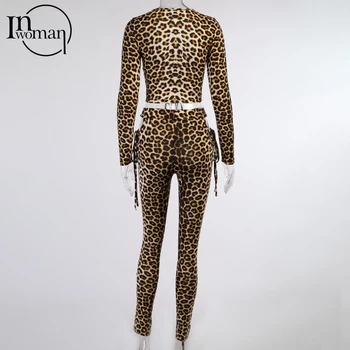INWOMAN Leopardas Spausdinti Bodycon 2 Dviejų dalių Rinkinys Moterims Komplektai Slim Seksualus Clubwear Atitikimo Rinkiniai Nėriniai Apkarpyti Viršų Ir Antblauzdžiai Rinkinys