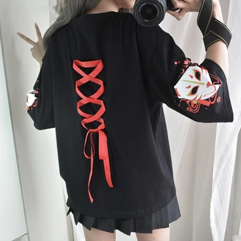 Japonijos Harajuku Marškinėliai Moterims Derliaus Kawaii Anime Katė Mergina Juodosios Viršūnes Gothic Lolita Gyvūnų Spausdinti Negabaritinių Mielas Tee Marškinėliai