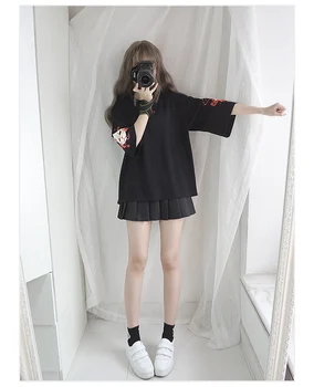 Japonijos Harajuku Marškinėliai Moterims Derliaus Kawaii Anime Katė Mergina Juodosios Viršūnes Gothic Lolita Gyvūnų Spausdinti Negabaritinių Mielas Tee Marškinėliai