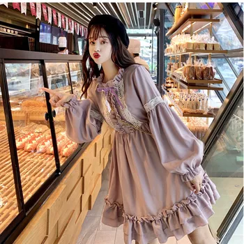 Japonijos Kawaii Lolita grybelio nėrinių Suknelė žibintų sleevesCute Lolita Bendras Skrybėlę Kamuolys Suknelė Harajuku Lolita Dress