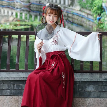 Japonijos Suknelė Moterims Kimono Megztinis Merginos Sijonas Top Set Gėlių Aplikacija Visą Rankovės Yukata Haori Senovės Rytų 2vnt Kostiumas