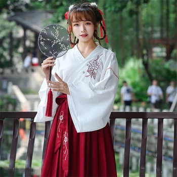 Japonijos Suknelė Moterims Kimono Megztinis Merginos Sijonas Top Set Gėlių Aplikacija Visą Rankovės Yukata Haori Senovės Rytų 2vnt Kostiumas