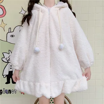 Japonų Stiliaus KawaiiAutumn Žiemos Moterys Saldus Šilta Striukė Minkštas Ėriukų Vilna Raukiniai Triušio Ausis Gobtuvu Paltai Mergaitėms Parkas Outwear