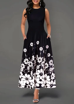 JAV Vasaros Moterims, Elegantiška Vintage-Line Suknelė Tunika Ilgas Berankovis Gėlių Spausdinti Sundress Vakare Šalies Maxi Suknelė
