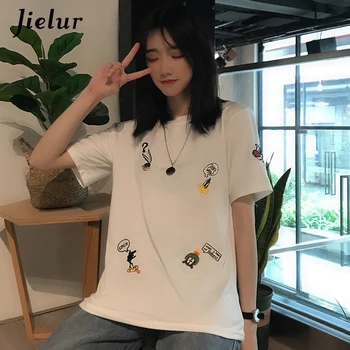 Jielur Animacinių Filmų Siuvinėjimas, Marškinėliai, Moterų Korėjos Ulzzang High Street Atsitiktinis Palaidų Tshirts Moterų Prašmatnus Preppy Pagrindinio Topai Marškinėliai