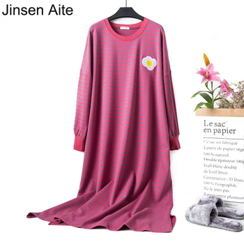 Jinsen Aite 2019 Medvilnės Dryžuotas ilgomis Rankovėmis Didelio Dydžio Namų Suknelė Nėščioms Sleepwear Atsitiktinis Moterų Nightgowns Sleepshirts JS752