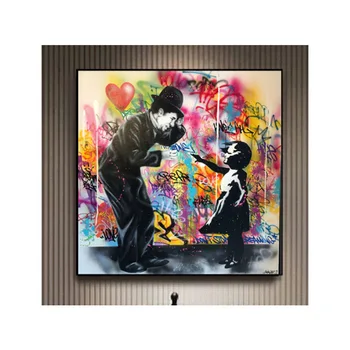 Juokinga Gatvės Grafiti Drobės Tapybos Chaplin ir Vaiko Sienos Meno Plakatas ir Spausdina Nuotraukas, Namų Kambarį Dekoro