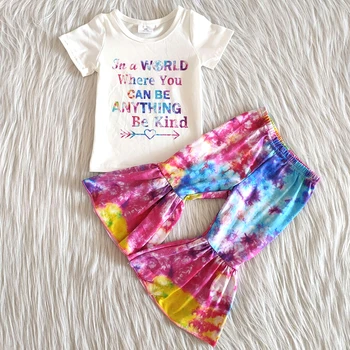 Karšto parduoti mada vaikams vasaros aprangą baby girl spalvinga raidžių dizaino marškiniai ir kaklaraištis-dažų bell kelnes nustatyti mergina mados apranga