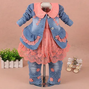 Karšto Pavasario baby kailis suknelė džinsai 3pcs rinkinys naujagimiams baby girl drabužių dizaino nėrinių drabužių 1st kūdikiams gimtadienio, Kalėdiniai rinkiniai