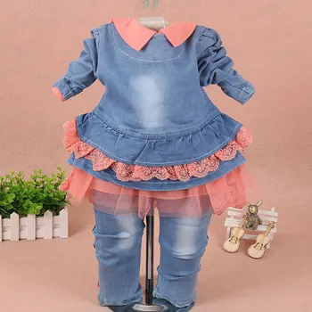 Karšto Pavasario baby kailis suknelė džinsai 3pcs rinkinys naujagimiams baby girl drabužių dizaino nėrinių drabužių 1st kūdikiams gimtadienio, Kalėdiniai rinkiniai