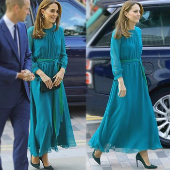 Kate Middleton Ilga Suknelė Aukštos Kokybės Naujas Moterų Mados Darbo Partijos Seksualus Derliaus Elegantiškas Prašmatnus ilgomis Rankovėmis Šifono Suknelės