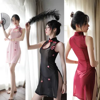 Kinijos Cheongsam Suknelė Moterims Siuvinėjimo Qipao Suknelė Matyti Per Akies Seksualus Babydoll Karštas Erotinis Šalis Suknelė