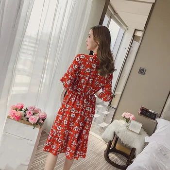 Korėjos Atsitiktinis Spausdinti Moterys Šalis Suknelė 2019 Bohemijos Ponios Blyksnius Pusė Rankovių Kelio ilgis Lankas O-kaklo Suknelės Moterims Šifono Suknelė