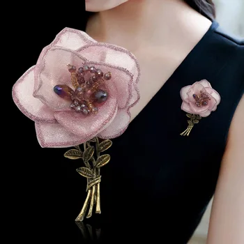 Korėjos Siūlų Audinys Gėlių Segė Pin Metalo, Kristalų Atvartas Smeigtukai Marškinėliai Suknelė Corsage Madinga Papuošalai, Sagės, Moterims, Aksesuarai