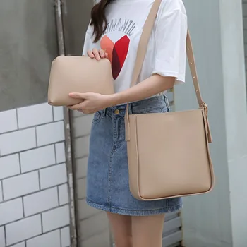 Korėjos stiliaus Kibirą, maišą wonen Pečių maišą Didelės talpos PU Odos Composite Krepšiai Moterų big Entire piniginės ir rankinės bolsos
