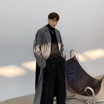 Korėjos Stiliaus Klasikinis Vilnonis Švarkas Mens Žiemos Derliaus Streetwear Pledas Sudurti Negabaritinių Ilgai Vilnos Tranšėjos Paltai Vyrams Švarkelis