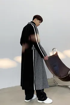Korėjos Stiliaus Klasikinis Vilnonis Švarkas Mens Žiemos Derliaus Streetwear Pledas Sudurti Negabaritinių Ilgai Vilnos Tranšėjos Paltai Vyrams Švarkelis