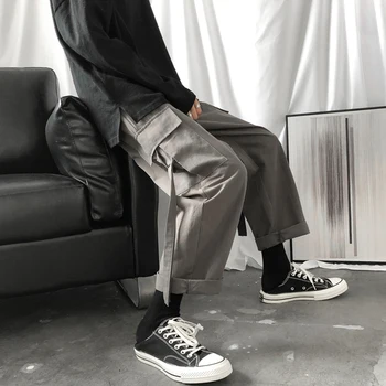 Krovinių Kelnės Vyrams Streetwear Hip-Hop Kelnes Prarasti Korėjos Stiliaus Kulkšnies Ilgio Kelnės Kombinezonas Elastinga Juosmens Juoda Pilka Techwear