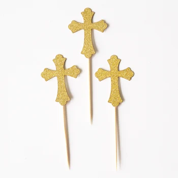 Kryžiaus cupcake Rėžtuvės Blizgučiai krikšto cupcake topper blizgučiai aukso pirmoji komunija cupcake dekoras