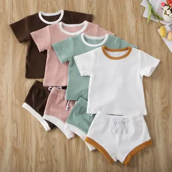 Kūdikių Drabužiai Kūdikiams, Baby Girl Berniuko Drabužius trumpomis Rankovėmis Viršūnes, T-marškinėliai+Šortai, Kelnės Briaunoti Kietas Komplektai 0-3T