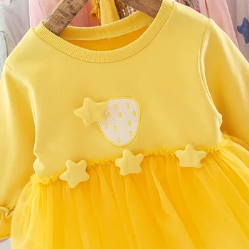 Kūdikių Mergaičių Rudenį Vientisos Spalvos Ilgomis Rankovėmis Žvaigždžių Dekoro Susiuvimo Tiulio Suknelė