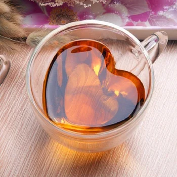 Kūrybos Dvigubo sluoksnio Širdies formos Borosilikatinio Stiklo Arbatos Puodelio Biuro Kavos Puodelio Namų Anti-plikymo su Rankena Pieno Puodelis