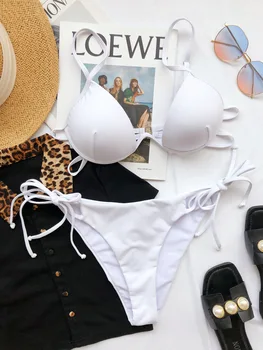 Laidinio Push Up Bikinis Nustatyti 2021 Vasara Dviejų Dalių Maudymosi Kostiumai Retro String Kaklaraištis Besimaudančių Moterų Paplūdimio Juoda Balta Plaukti Kostiumai