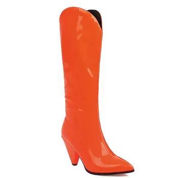 Lasyarrow Lakinės odos rožinis oranžinis geltonas moteriški batai smailiais aukštakulniais nurodė toe bateliai didelis dydis 47 48 knee-high batai