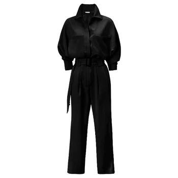 Lautaro Smėlio juoda ilgai laisvi jumpsuit moterų diržas ilgomis rankovėmis Plius dydis jumpsuits moterų 2020 m. Vienas gabalas marškinėliai jumpsuit moterims