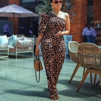 Leopard Jumpsuit Moterų 2020 M. Sexy Vieną Petį Ilgai Jumpsuits Madingas Reguliariai Elegantiškas Kombinezonas Office Ponios Darbo Drabužiai