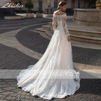 Lhuilier Elegantiškas-line Valtis Kaklo Nėrinių Appliques Vestuvių Suknelės 2020 Grindų Ilgis ilgomis Rankovėmis Teismas Traukinio Tiulio Nuotakos Suknelė