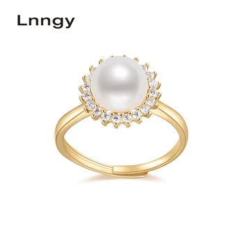 Lnngy 14K Aukso Užpildytas Žiedas 8.5-9mm Gamtos Kultūringas Gėlavandenių Perlų Reguliuojamas Halo Žiedas Moterų Vestuvės Fine Jewelry