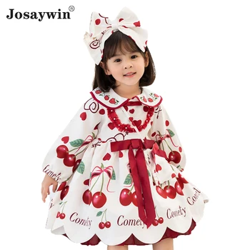 Lolita Girl Dress Rudenį, Žiemą Vaikai Vyšnių Atspausdinta Suknelės Baby Princess Kūdikio Gimtadienio Krikšto Kamuolys Chalatai Vaikų Drabužiai